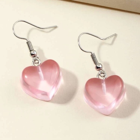 Transparent pink heart earrings handmade new - Picture 3 of 4